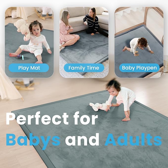 1.3" Thick Baby Floor Play Mat, 59x79 Padded Foam Tummy Time Crawling Mat, Non-Slip Water-Repellent Soft Plush Nursey Area Rug for Playroom Bedroom Living Room (Dark Gery)