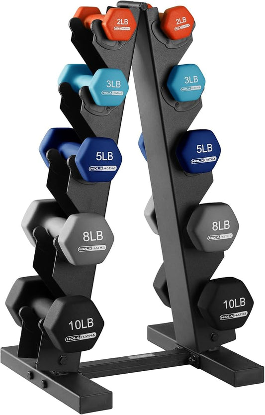 HolaHatha 1, 2 and 3 lb Neoprene Dumbbell Strength Training Weight Set with Rack