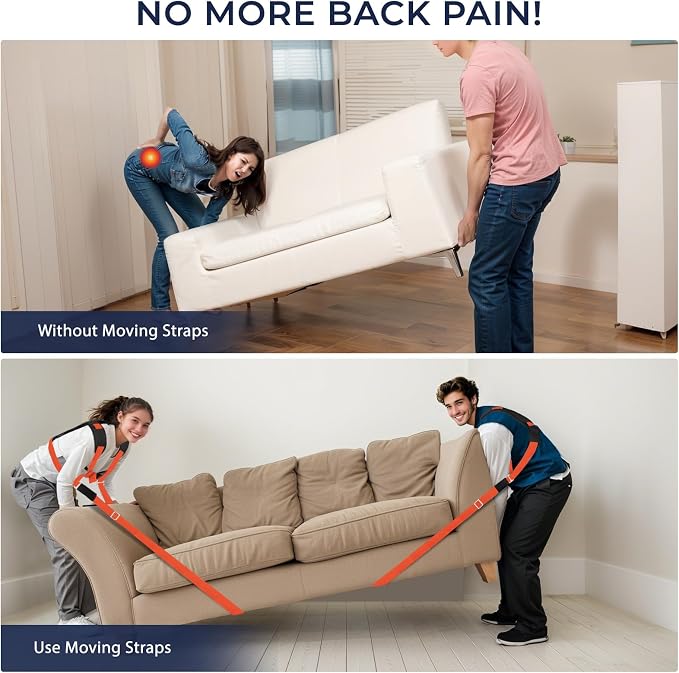 Ytonet Furniture Moving Straps for Lifting with Back Support, Round Sling | 2-Person Lifting and Moving System, Appliance Lifting Straps for Mattress, Heavy Objects up to 800 lbs, 145 IN Long, Orange