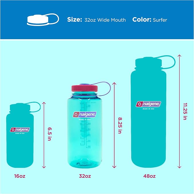 Nalgene 32 oz Wide Mouth Water Bottle, Surfer | BPA-Free, Durable & Lightweight, Leak Proof, Dishwasher Safe, Large Reusable Plastic Bottle for Hiking, Gym, Work & Travel