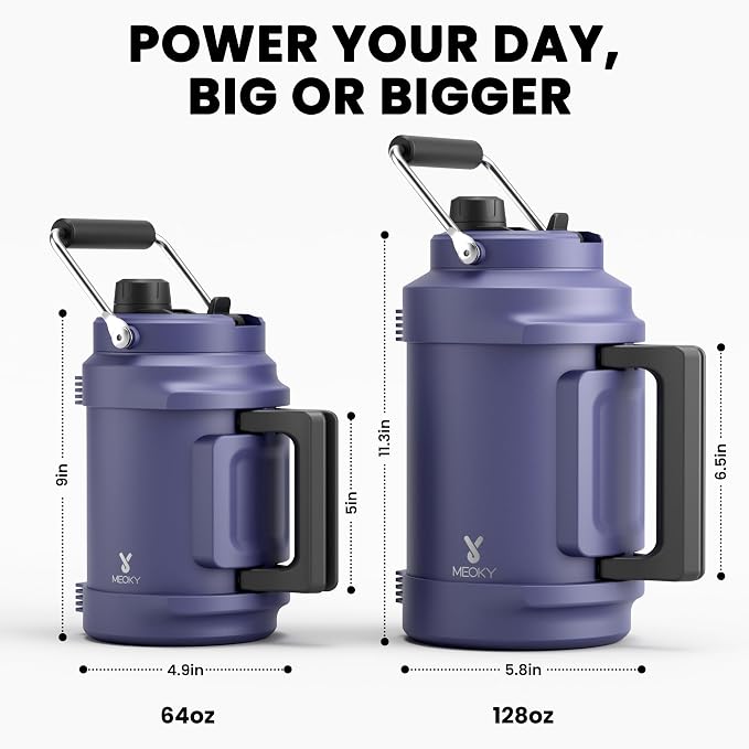 64 oz Insulated Water Bottle for Gym: Meoky Triple Wall Vacuum Stainless Steel Half Gallon Water Jug - Top and Side Handles, 2-in-1 Straw and Spout Lid, Cold for 36 Hrs, Leak Proof for Camping (Navy)