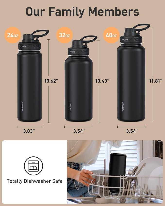 TOURIT 32 oz Insulated Stainless Steel Water Bottles, Rose red | Double-wall vacuum thermal flask with top handle, leakproof & BPA-free design for sports, gym, hiking & travel use