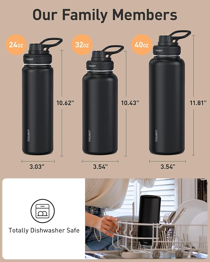 TOURIT 32 oz Insulated Stainless Steel Water Bottles, Black | Double-wall vacuum thermal flask with top handle, leakproof & BPA-free design for sports, gym, hiking & travel use