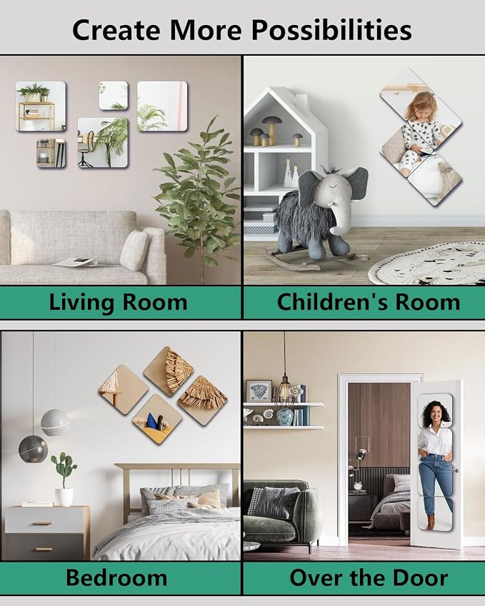 Shatterproof Peel And Stick on Mirror Tiles for Wall Decorative, 4 pcs 14”x14” Unbreakable Small Mirrors For Wall Classroom Decor, Toddlers Mirror for Kids Bedroom, Plastic Door Adhesive Mirrors