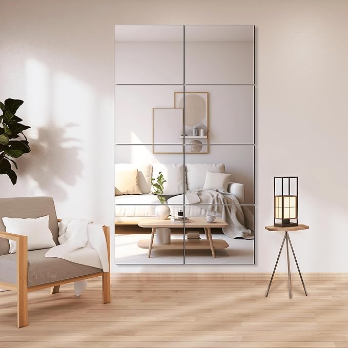 Delma Frameless Mirror Tiles 14"x12"x8 Pcs Wall Mounted | Shatter Resistant, Full Length, Tempered Glass Panels, For Home Gym Bathroom Bedroom & Living Room Decor