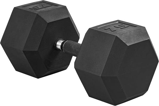 CAP Rubber Coated Dumbbell Weights, Free Weights for Home Gym Strength Training, Anti-Roll Hex Dumbbells with Black, Chrome & Comfort Grip Handles, Singles