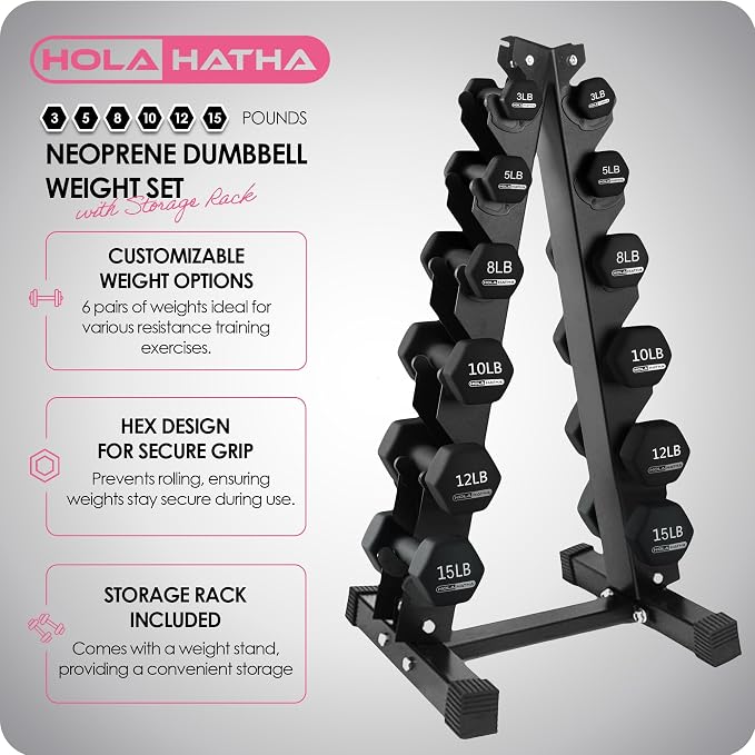 HolaHatha 1, 2 and 3 lb Neoprene Dumbbell Strength Training Weight Set with Rack