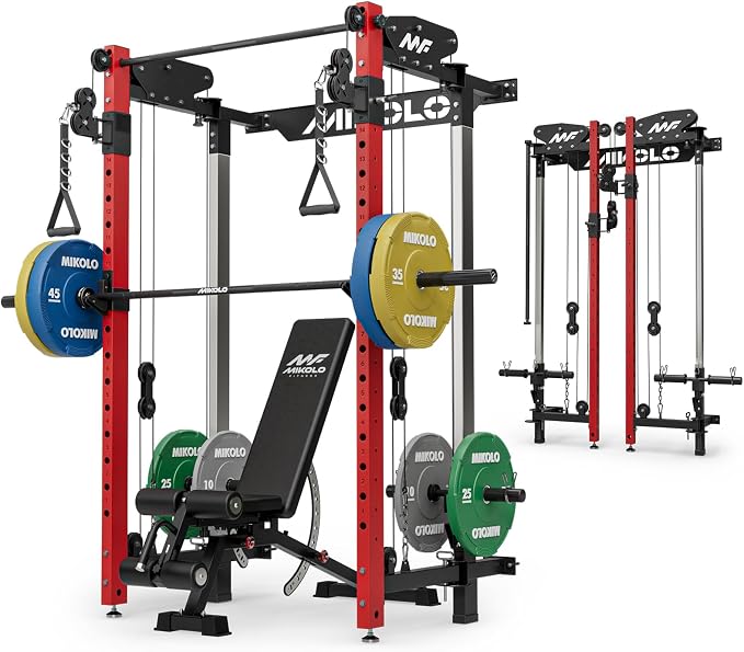 Mikolo Folding Squat Rack, Wall Mounted Power Rack with Cable Crossover Machine & LAT Pull Down, Functional Trainer with 5 Adjustable Function Modes, Home Gym Package