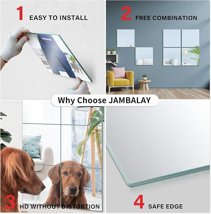 JAMBALAY Home Gym Mirrors for Gym, 12Pcs 12″×12″ Square HD Glass Full Length Wall Mirror Tiles, Self Adhesive Frameless Wall Mirror for Bedroom, Living Room, Over The Door