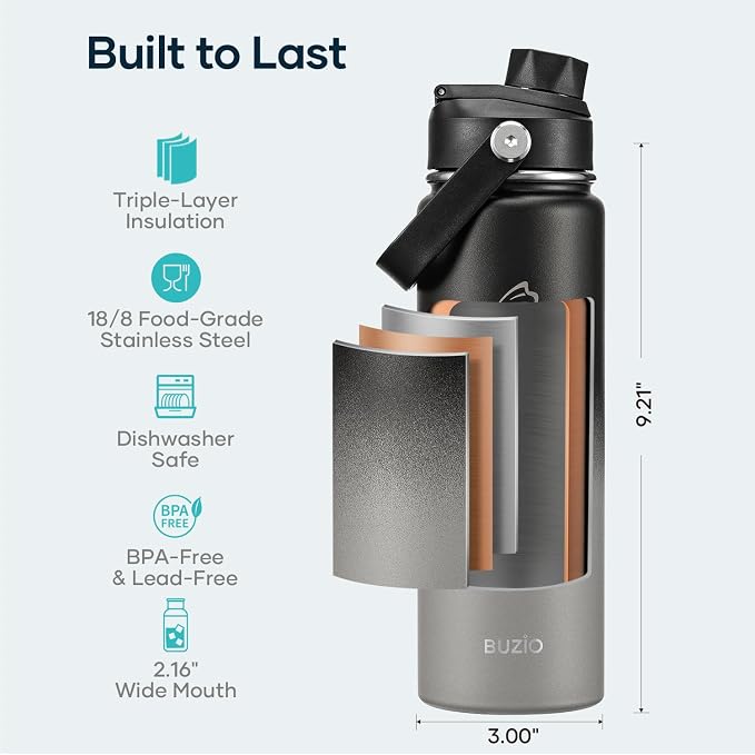 BUZIO 24 oz Insulated Stainless Steel Water Bottle with Straw & Spout Lids | Triple Wall Insulated Tumbler (Dishwasher Safe) ,Cold for 48 Hrs, Wide Mouth, Leakproof, BPA-free, for Sports, Gym, School