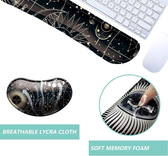 Keyboard Wrist Rest Mouse Wrist Support Set, Memory Foam Wrist Rest Pad for Computer Laptop Keyboard Mouse, Ergonomic Wrist Cushion Support for Typing Pain Relief, Gaming Home Office, Moon Phase