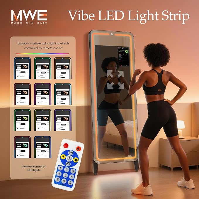 Smart Gym Mirror for Home Workout | 32" HD Touch-Screen Andriod OS | 63" Reflective Surface | No VIP Fees Support Various APPs, Music Sync LED Light Strip, for Home Gym/Yoga/Dance