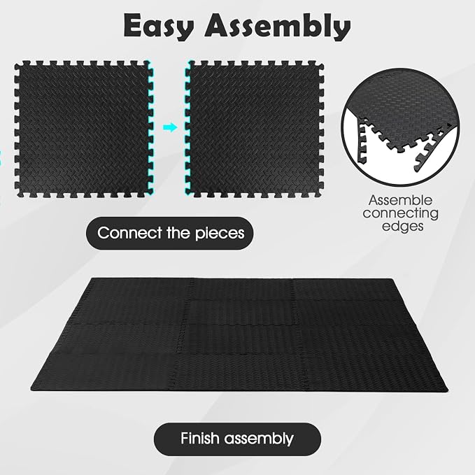 Tangkula 24 Tiles Exercise Flooring With Border, Non-Slip EVA Foam Protective Mats, Elastic Puzzle Play, 1/2" Interlocking Floor for Home Gym, Fitness Room, Workshop Equipment (Black)