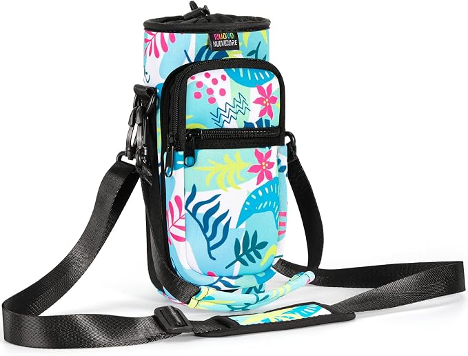 Nuovoware Water Bottle Carrier Bag, 25oz/32oz, Coloured Leaves | Adjustable Shoulder Hand Strap, 2 Pocket, Neoprene Sleeve, For Hiking Travelling
