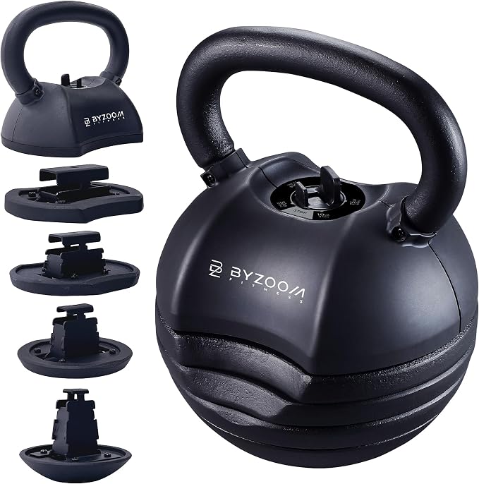 BYZOOM FITNESS Pure Series Adjustable Kettlebell 30/40/50LB - 5-IN-1 Weight Change, Patented Quick-Change Machenism, Ergonomic Curved Handle for Home Gym, Strength Training, HIIT, White OR Black