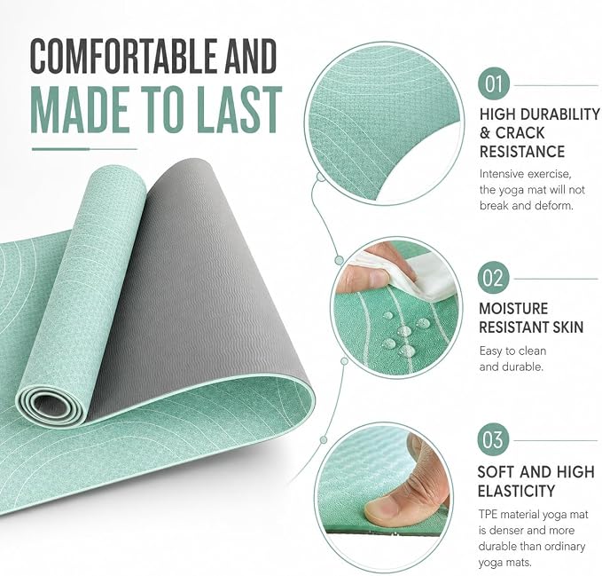 TPE Yoga Mat (72" x 24" x 5mm) - Cruise Color Non-Slip Workout Mat with Alignment Lines for Women & Men - Durable, Eco-Friendly, Latex-Free Exercise Mat for Home, Pilates & Fitness by ENERGI CORE