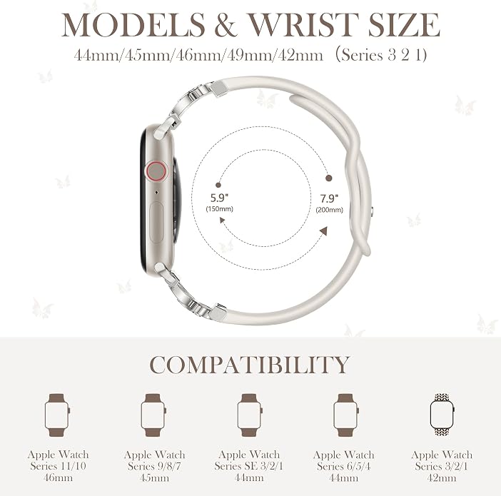 Lerobo Slim Silicone Band Compatible with Apple Watch Bands for Women | Dressy Metal Butterfly 16mm Thin Strap for iWatch Series 11 10 9 8 7 6 5 4 SE Ultra 38mm 40mm 41mm 42mm 44mm 45mm 46mm 49mm