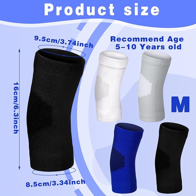 Lenwen 4 Pairs Kids Elbow Brace Compression Arm Elbow Sleeve Knit Guard Gym Protectors for Boys Teen Children Girls Basketball Volleyball Tennis Cycling (5-10 Years,Black, White, Blue, Gray)