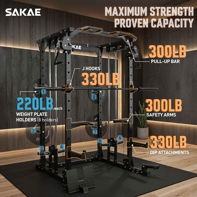SAKAE Squat Rack with Cable Crossover System, Power Rack with LAT Pull Down, Pull-Up Bar, Dip Bars, Weight Bench, 260 LB Bumper Plates, 7 FT Olympic Bar & Training Attachments, Multiple Options