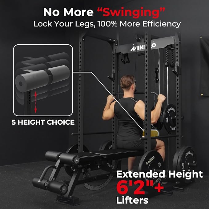 Mikolo F4 2.0 Power Cage with Dual-Track Smooth Pulley System, 1200LBS Power Rack with Leg Hold-Down for Heavy LAT Pulldowns