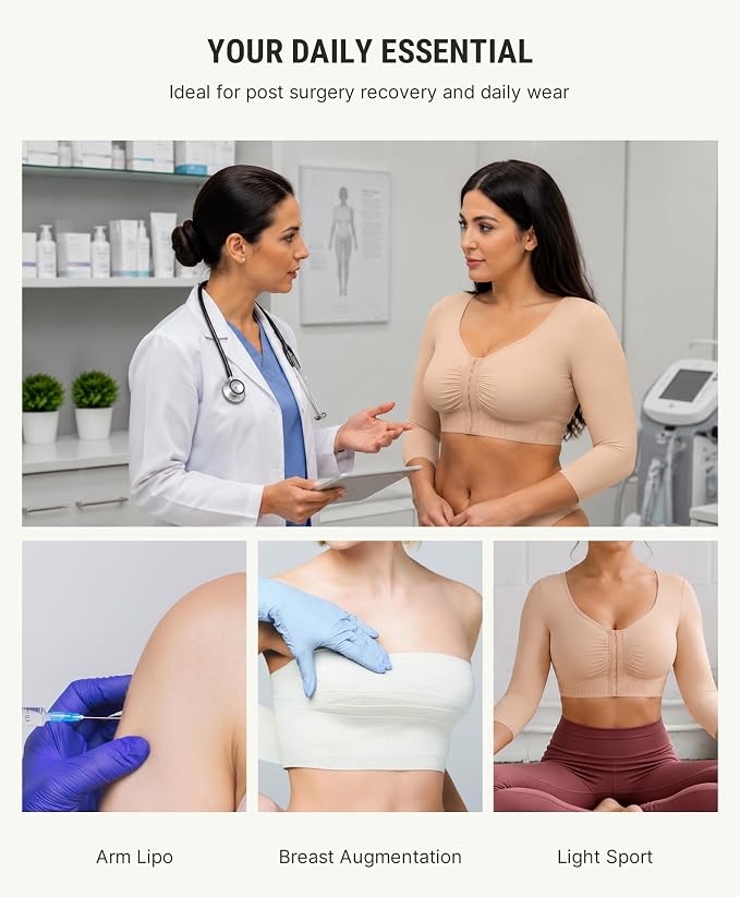 FeelinGirl Arm Compression Sleeve Women Post Arm Lipo Shaper | Front Closure, Compression Bra with Sleeves, Breast Lift, Back Smooth, Post Augmentation Lymphedema Recovery