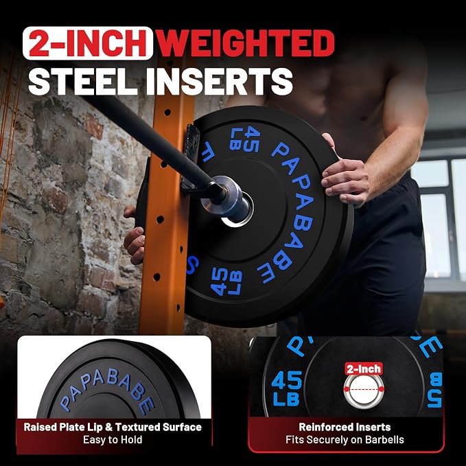 2" Bumper Plates Set Olympic Weight Plates for Barbell Strength Training | Papababe 2Inch Weights Plates Set, Floor Protective Plates, 20-600lbs Rubber Bumper Plates for Weightlifting, Bench Press