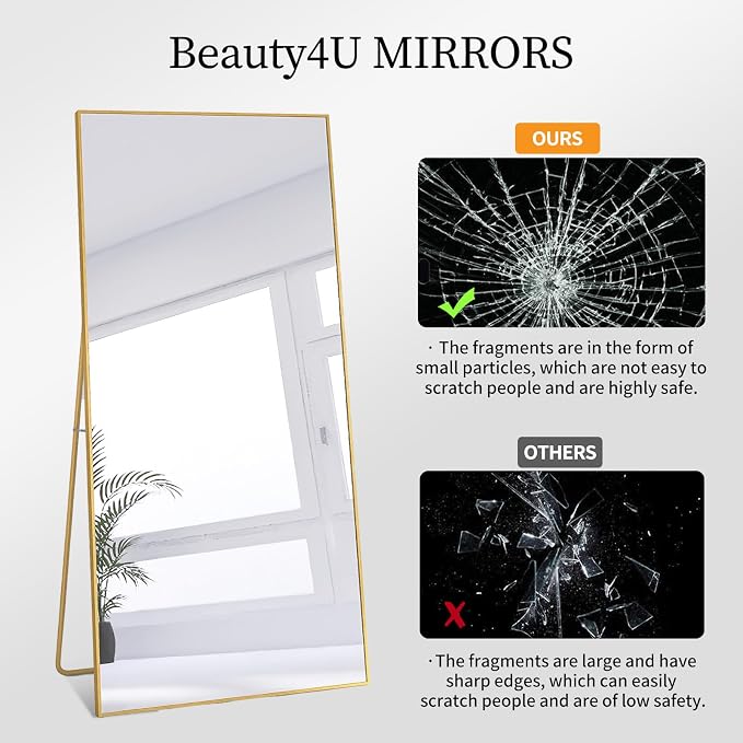 Beauty4U 71" x 32" Full Length Mirror with Stand, Gold Large Floor Mirror | Standing, Leaning, or Wall-Mounted Tempered Glass Full Body Mirror with Metal Frame for Bedroom, Closet, Modern Home Decor