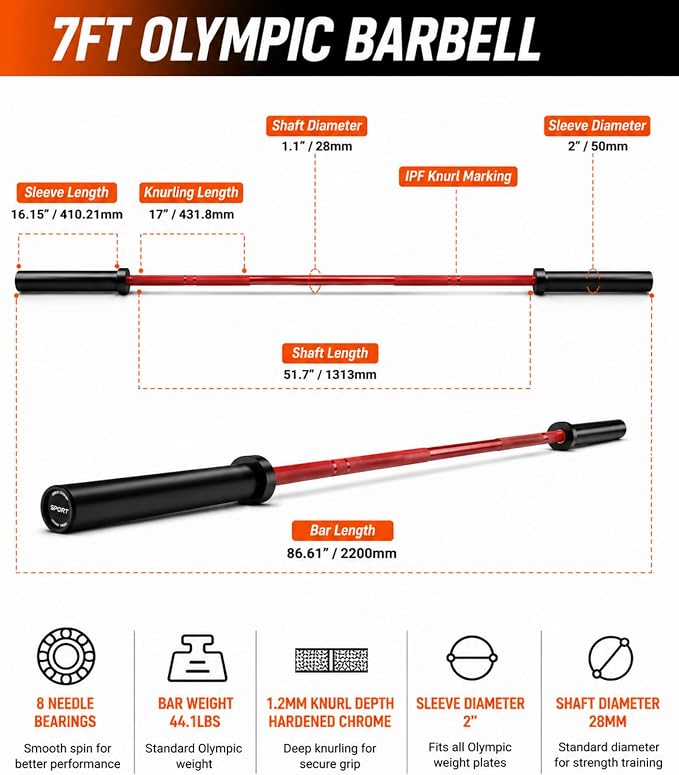 7ft Olympic Barbell 20kg/44Lbs, 1000LB/1500LB Weight Capacity, 190K PSI High Tensile Strength Weightlifting Bar with 2-Inch Sleeves & 8 Needle Bearings for Home Gym Strength Training