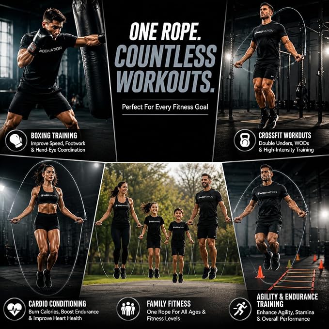 WOD Nation Adjustable Speed Jump Rope For Men, Women & Children - Blazing Fast Fitness Skipping Rope Perfect for Boxing, MMA, Endurance