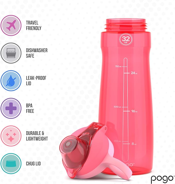 Pogo BPA-Free Tritan Plastic Water Bottle with Chug Lid, 32 Oz, Pink.
