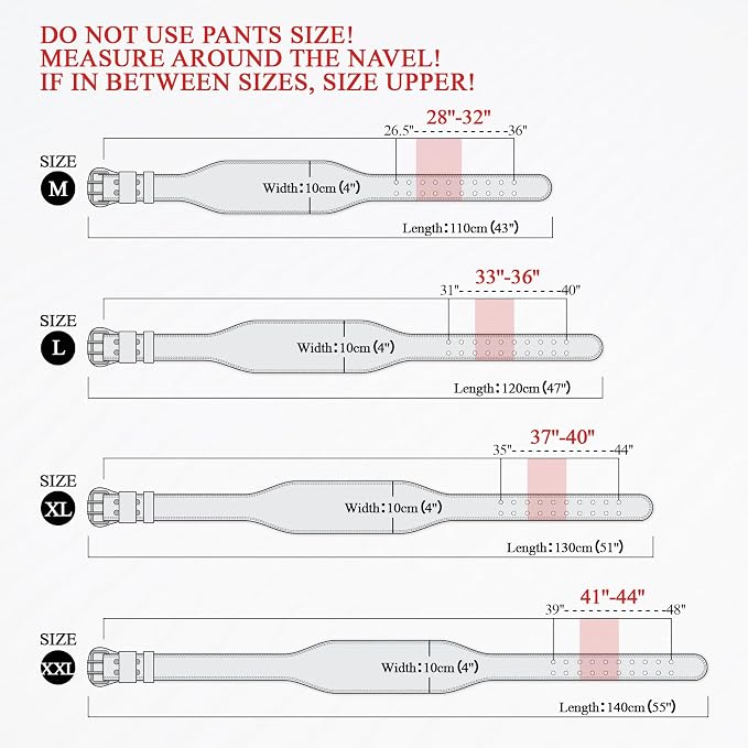 Leather Gym Fitness Belt, 4" & 6" Padded Lumbar Back Support, 10 Adjustable Holes for Weightlifting Powerlifting Bodybuilding Deadlift Squat Workout Strength Training