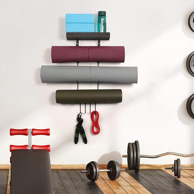 VINAEMO Yoga Mat Holder Accessories Wall Mount Organizer Storage Decor Foam Roller and Towel Storage Rack with 4 Hooks and Wooden Shelves Yoga Mats Rack Resistance Bands for Home Gym School Office