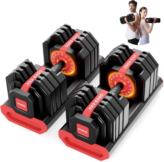 HXD-ERGO 15 in 1 Adjustable Dumbbell Weight, 1-Second Quick Change Weights, 55/110 LBS Free Weights with Anti-Slip Grip & Secure Lock, Space-Saving Home Gym Equipment for Men Women Full Body Workout