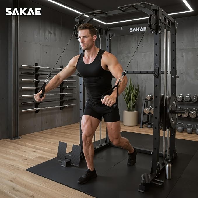 SAKAE Squat Rack with Cable Crossover System, Power Rack with LAT Pull Down, Pull-Up Bar, Dip Bars, Weight Bench, 260 LB Bumper Plates, 7 FT Olympic Bar & Training Attachments, Multiple Options
