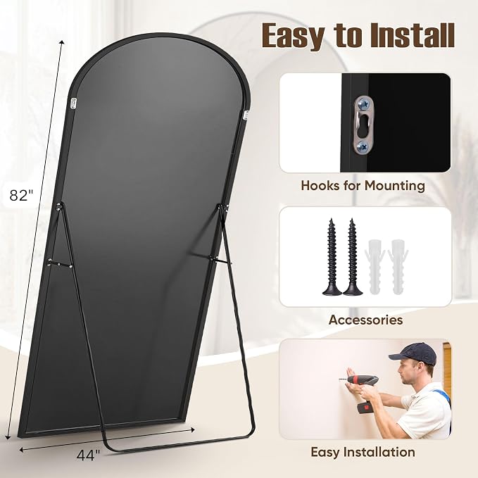 Full Length Mirror, 82"x44" Arched Full Body Mirror, Oversized Floor Mirrors, Leaning Free Standing Mirrors, Hanging Mounted Large Mirrors for Bedroom Dressing Room, Cloakroom, Black