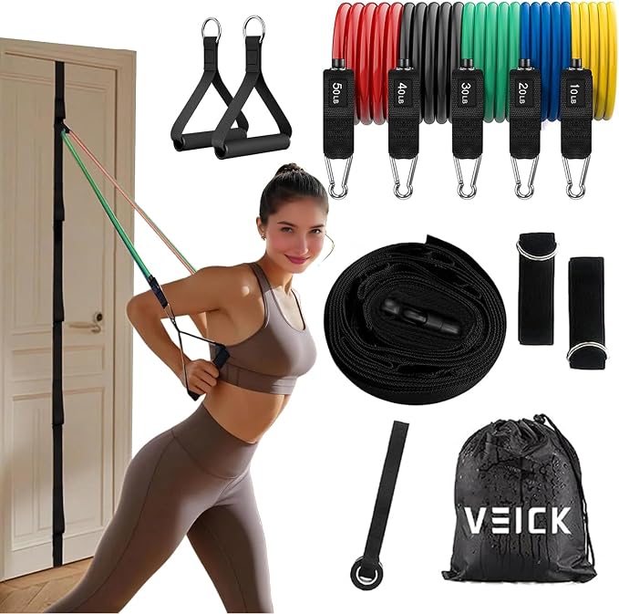 VEICK 10-150LBS Resistance Bands with Handles, Ankle Straps, Door Anchor | Accredited Lab Certified, 100% Natural Latex, Versatile for Yoga, Pilates, Strength, Home Gym