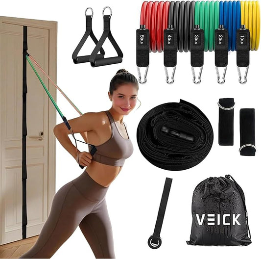 VEICK 10-150LBS Resistance Bands with Handles, Ankle Straps, Door Anchor | Accredited Lab Certified, 100% Natural Latex, Versatile for Yoga, Pilates, Strength, Home Gym
