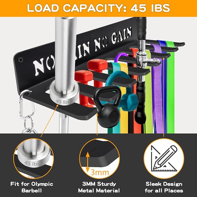 Gym Home Rack 8 Hook Heavy-Duty Wall-mounted Organizer Multi-Purpose Workout Gear Wall Hanger Storage for Resistance Bands Jump Ropes Lifting Belt Fitness Bands Barbells Carabiners Included