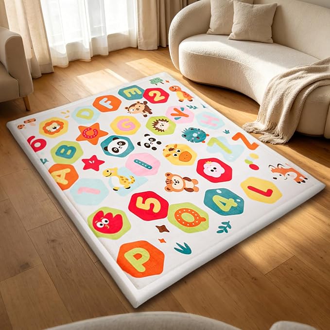 Baby Play Mat for Floor, 71'' x 59'' Thicken Foam Soft Padded Playmat for Tummy Time, Playpen Mat for Toddlers Infant Kids, Water-Repellent Coral Velvet, Non-Slip Bottom Safe for Crawling (Animal)