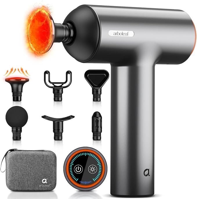 arboleaf Thermal Massage Gun Deep Tissue with Heat, Handheld Muscle Percussion Massager with Full-Metal Head, 6 Replacements for Athletes Pain Relief, Relax, Gifts for Men and Women