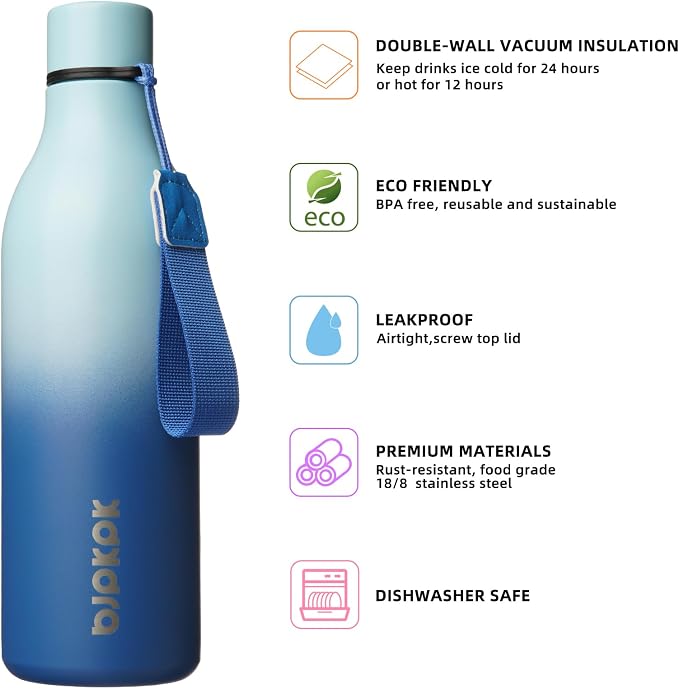BJPKPK 25oz Insulated Water Bottle, Stainless Steel Bottle with Carry Strap | Keep Cold & Hot Vacuum Insulation, Leak-Proof BPA-Free Design, Slim Bottle Fits Most Cup Holders for Gym, Office & Travel