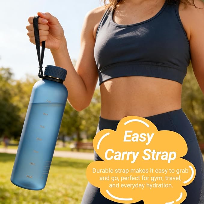 Sursip Slim Water Bottle 32 oz, Leakproof with Time Marker and Strap | Lightweight BPA-free 2-pack water bottles fit cup holders and are dishwasher safe for gym, school, sports and travel.