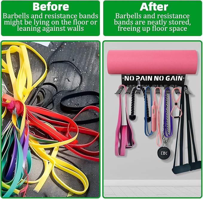 Home Gym Accessories Organization Storage Rack Equipment For Home 8 Hook Wall Hanger Display Gear Barbells Resistance Bands Jump Ropes Lifting Belt Hanger Accessories Hardware Included