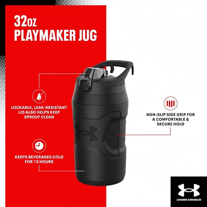 Under Armour 32 oz Insulated Water Bottles - Sports Water Jug with Fence Hook, Leak Resistant for Baseball, Football & More, 32 oz Insulated, Red/Black