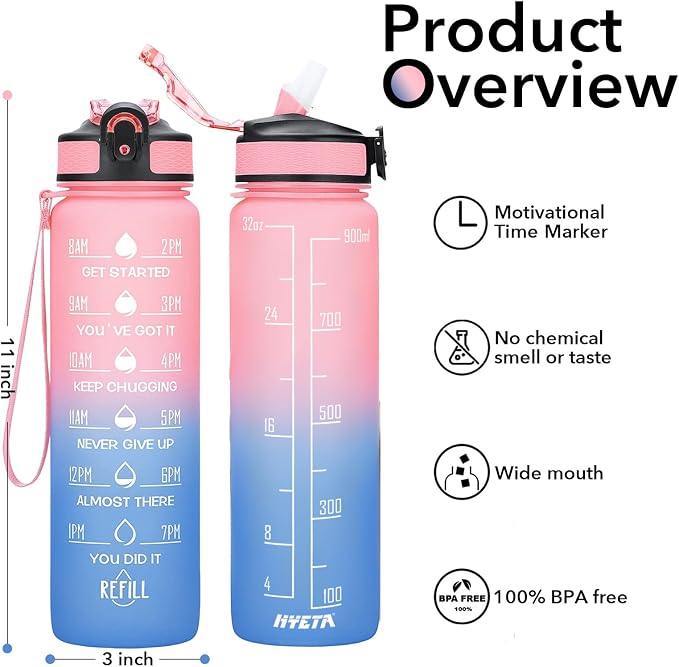 Hyeta Water Bottle with Straw & Time Marker, Plastic 32oz Leakproof | Motivational Tritan BPA Free Gym Office Outdoor Intake Tracker Hourly Reminder Straw Lid Carry Strap