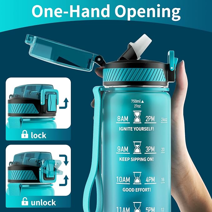 QLUR Water Bottle with Straw, 27oz Motivational Water Bottles with Time Marker to Drink, Tritan BPA Free, 750ml Sports Water Bottle with Carry Strap LeakProof for School Fitness Outdoor (1Pack)