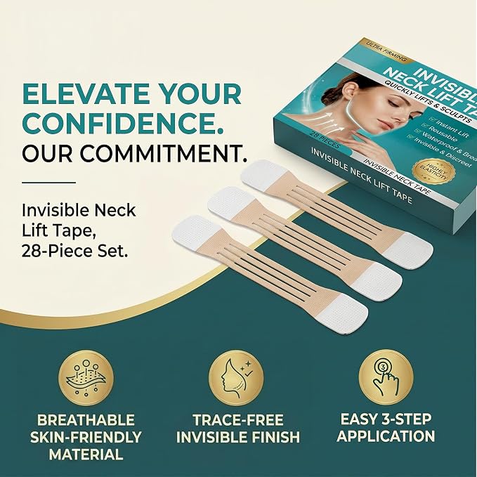 Neck Lift Tape, 28 PCS Invisible Neck Tape Lifting for Double Chin | Sagging Skin, Waterproof High Elastic Face Lift Straps for Women