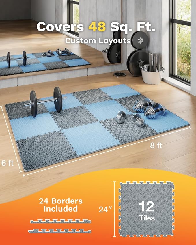 AIRHOP Upgraded 0.79" Extra Thick 48 Sq Ft High-Density Eva Foam Exercise Gym Mats, 12 Pcs Large Interlocking Puzzle Floor Tiles (24"x24") for Home Gym