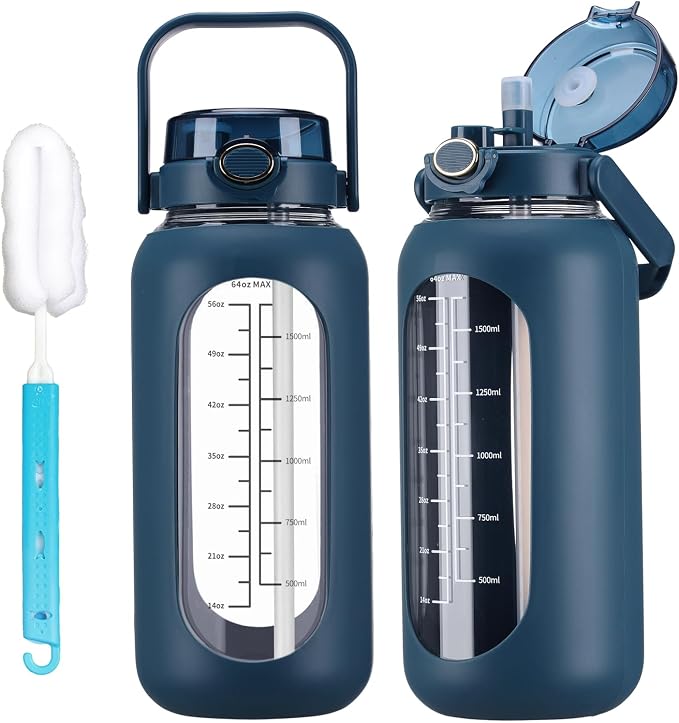 chunmo 64oz Glass Water Bolttles with Straw Half Gallon Large Motivational Water Bottle with Time Marker Sports Water Bottles with Silicone Sleeve and Handle Lid Water Jug for Gym Workout