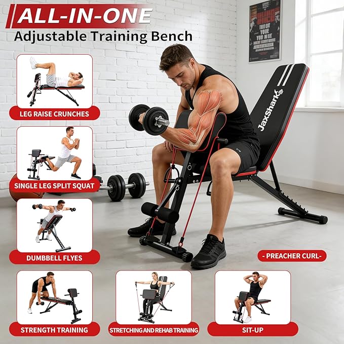 Adjustable Weight Bench, Foldable Workout Bench Press for Home Gym | Heavy duty utility incline decline flat bench with preacher curl, leg extension for full-body strength training.